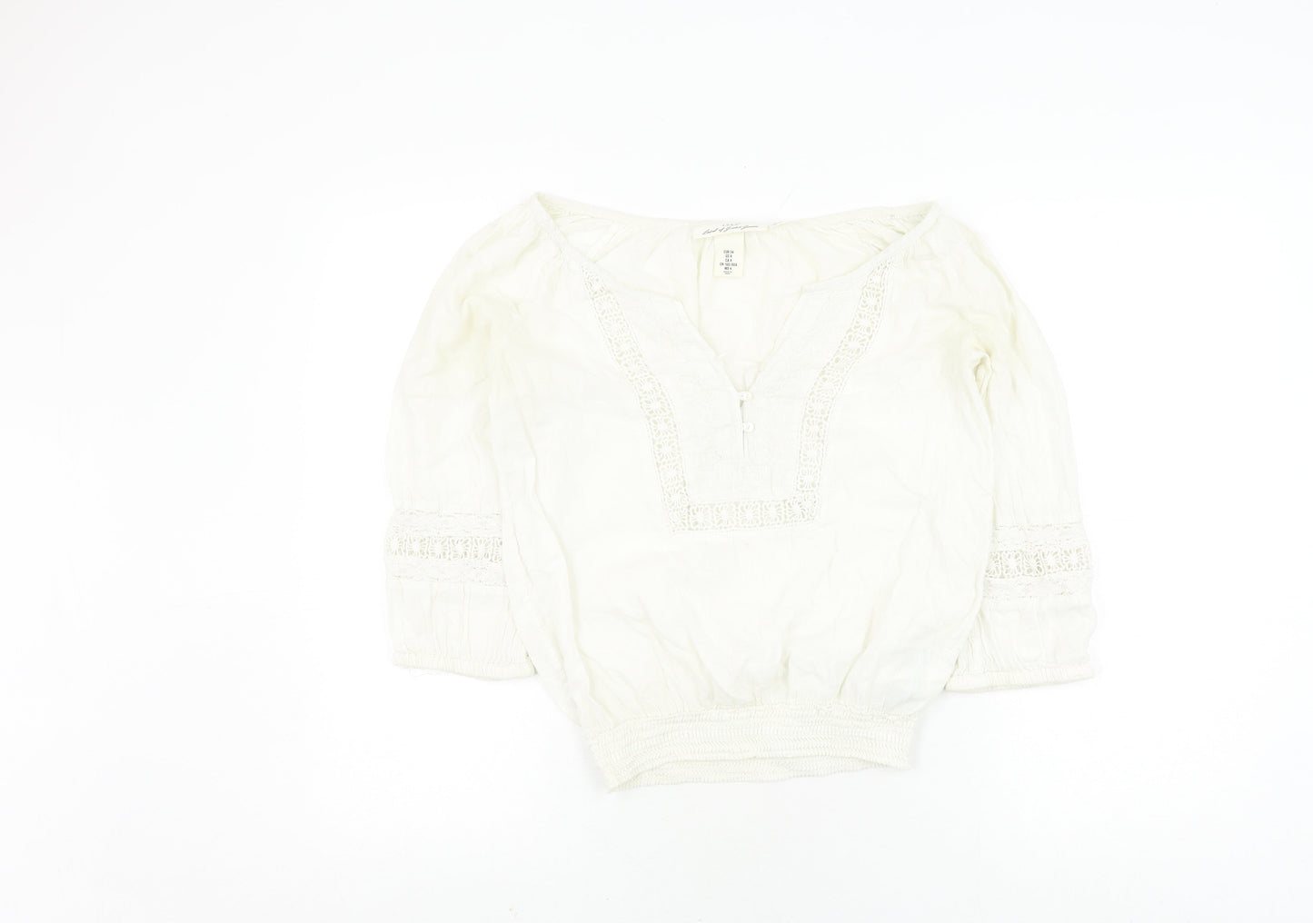 H&M Women's White Bohemian Blouse, Size 6, 3/4 Sleeve