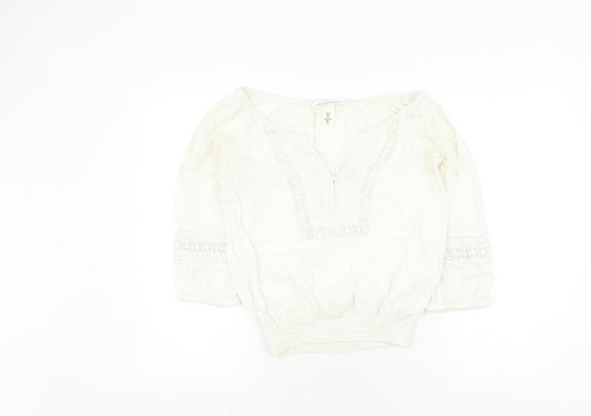 H&M Women's White Bohemian Blouse, Size 6, 3/4 Sleeve