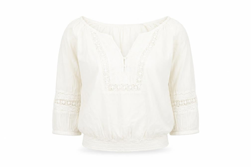 H&M Women's White Bohemian Blouse, Size 6, 3/4 Sleeve