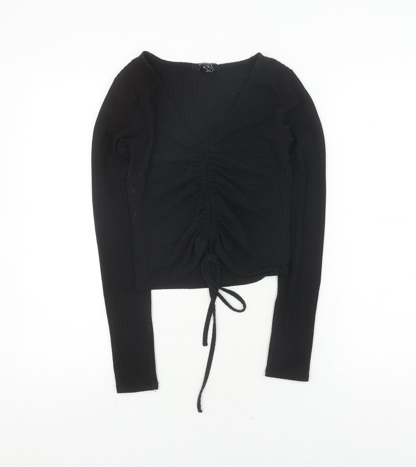 New Look Women's Black Cropped V-Neck Top, Size 10