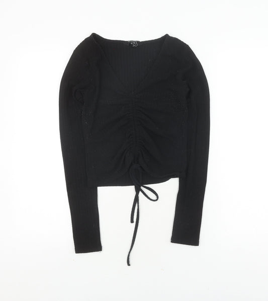 New Look Women's Black Cropped V-Neck Top, Size 10