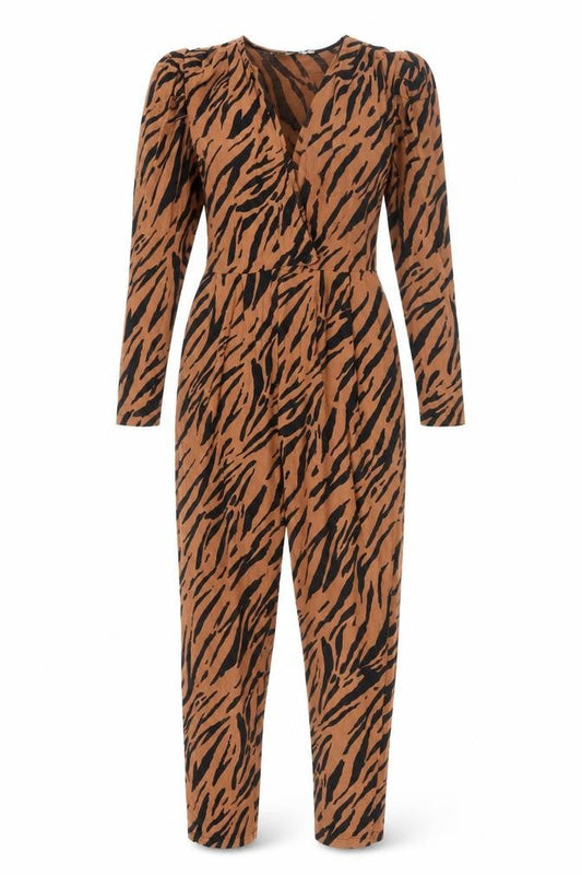 Front view of ASOS Design Brown Animal Print Jumpsuit, size 12, Viscose
