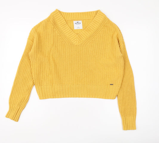 Hollister Women's Yellow V-Neck Pullover Jumper, Size S
