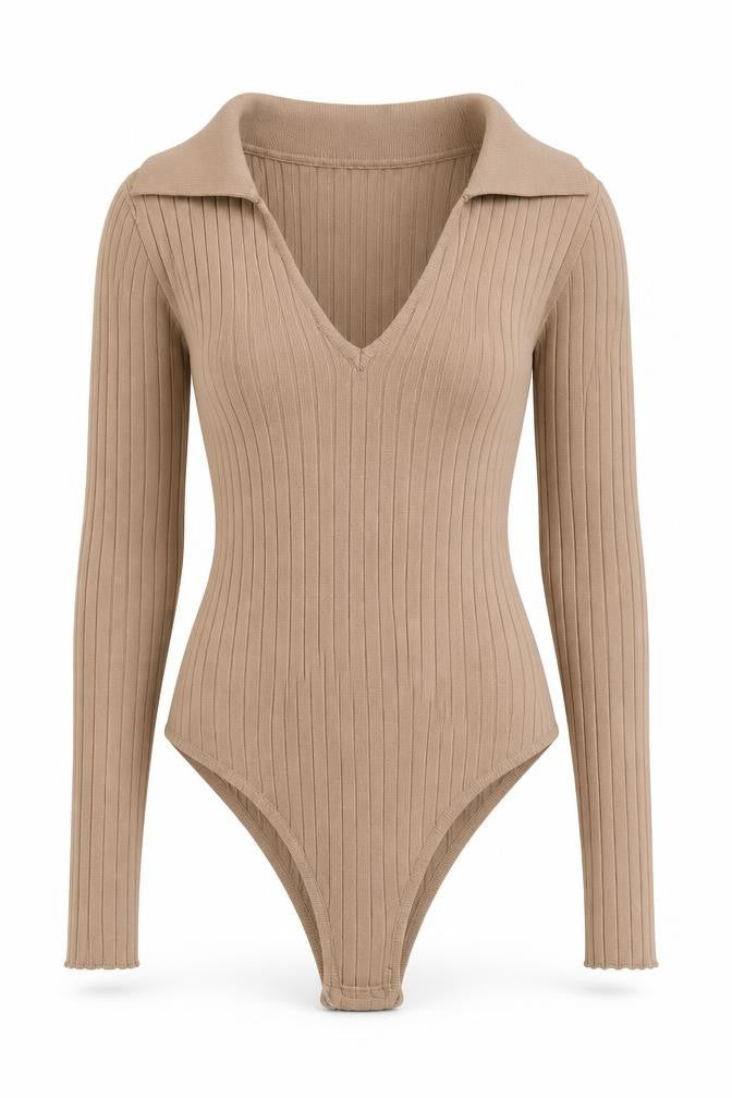 Cameo Rose Women's Beige Bodysuit, Small, Collared Knit