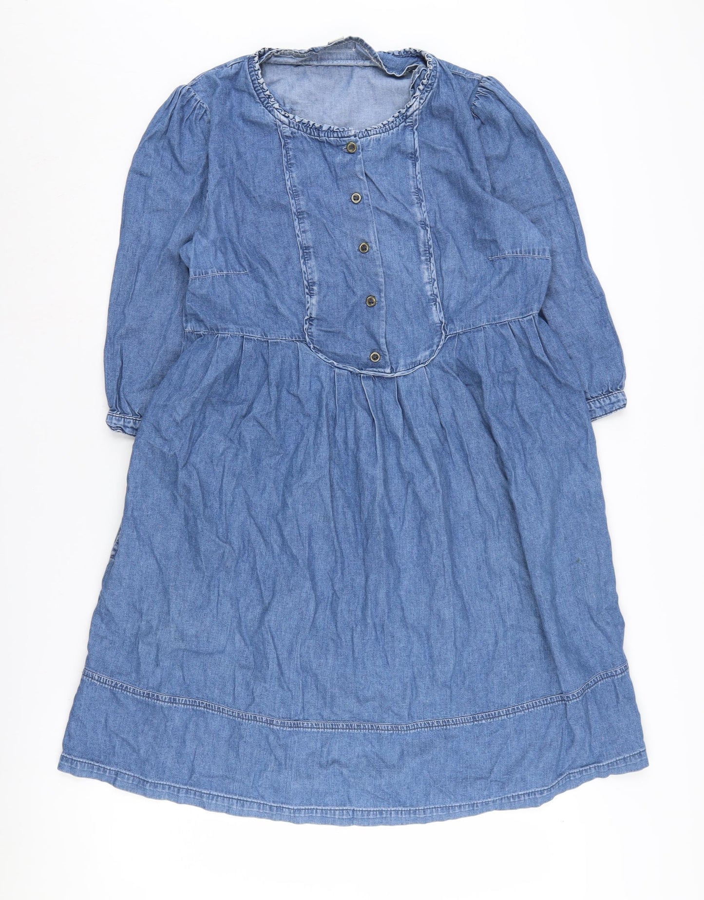 Monsoon Women's Blue Cotton Shirt Dress 3/4 Sleeve, Size 14