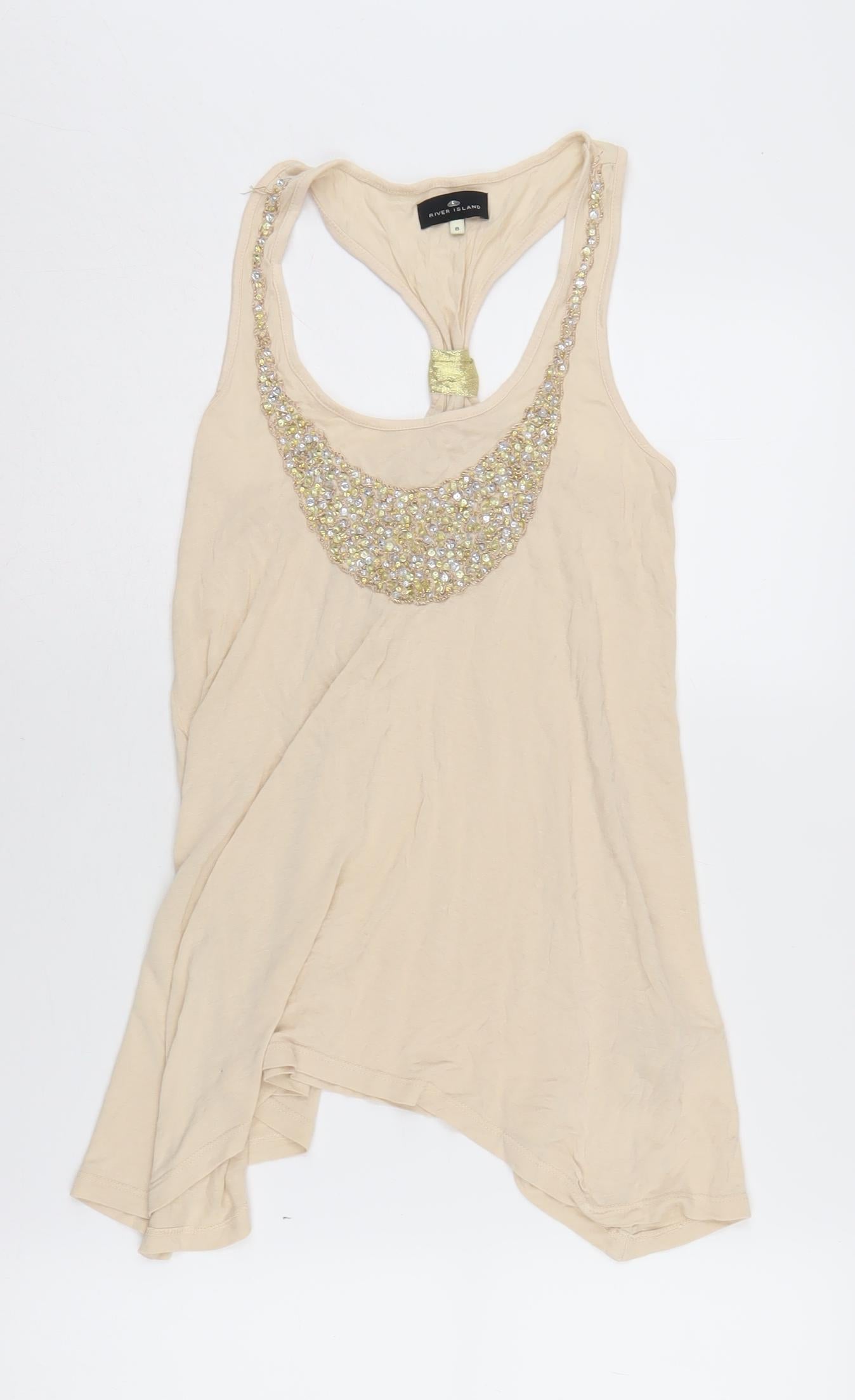 River Island Women's Beige Beaded Tank Top Size 8