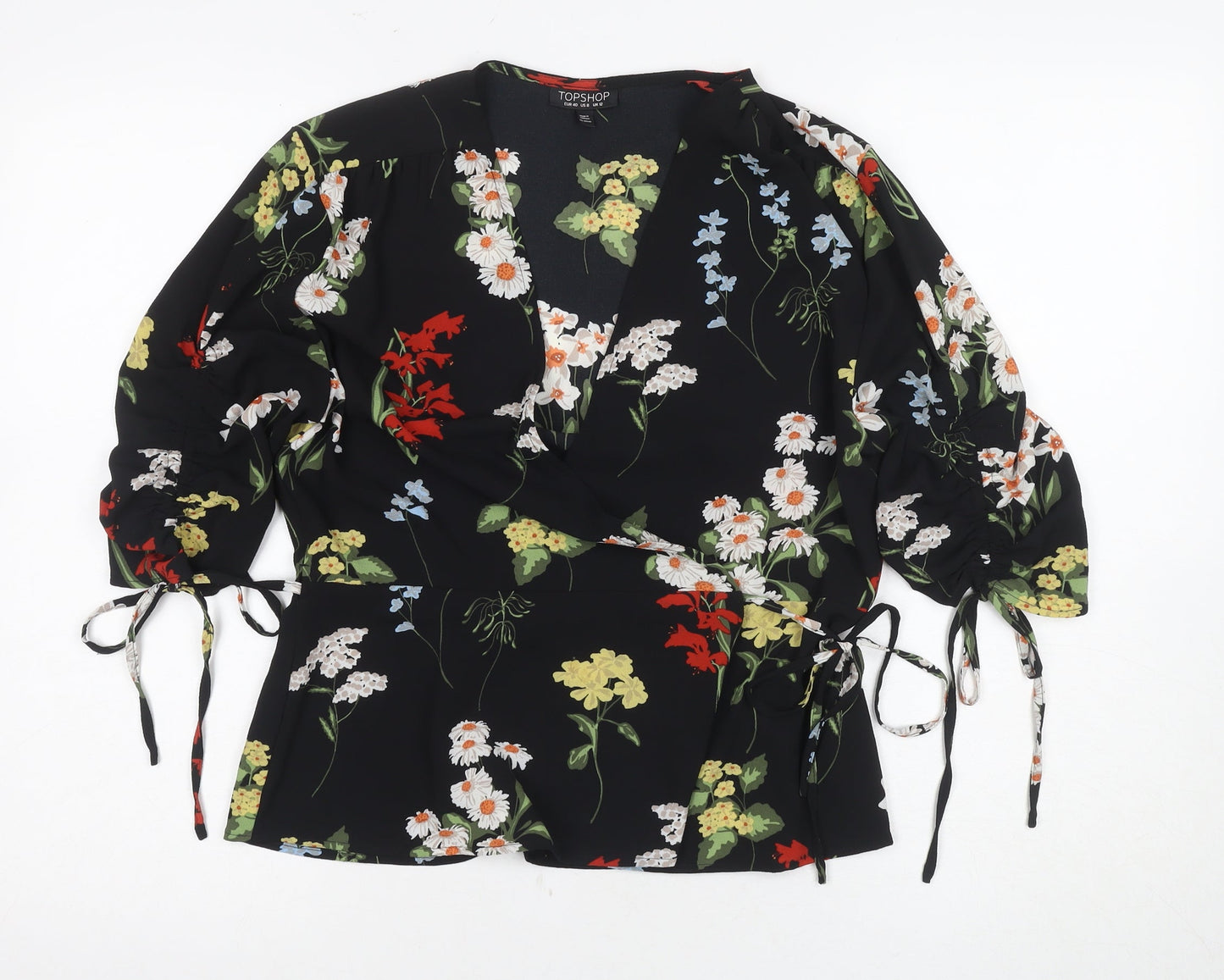Topshop Women's Black Floral Wrap Blouse Size 12