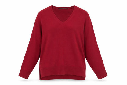 Front view of French Connection Women's Red V-Neck Pullover
