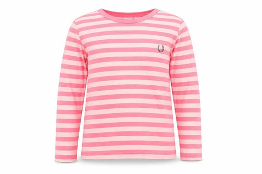 Front view of Joanie girls’ pink striped ringer t-shirt xs