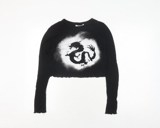Weekday Women's Black Cropped Dragon T-Shirt, Size 12