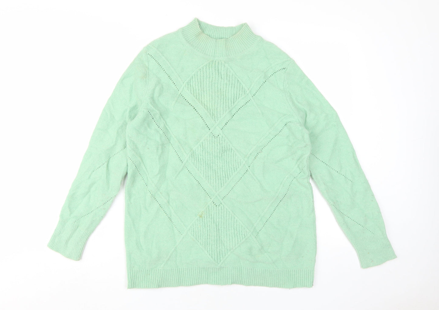 Damart Women's Mock Neck Green Jumper, Size M, Geometric Knit