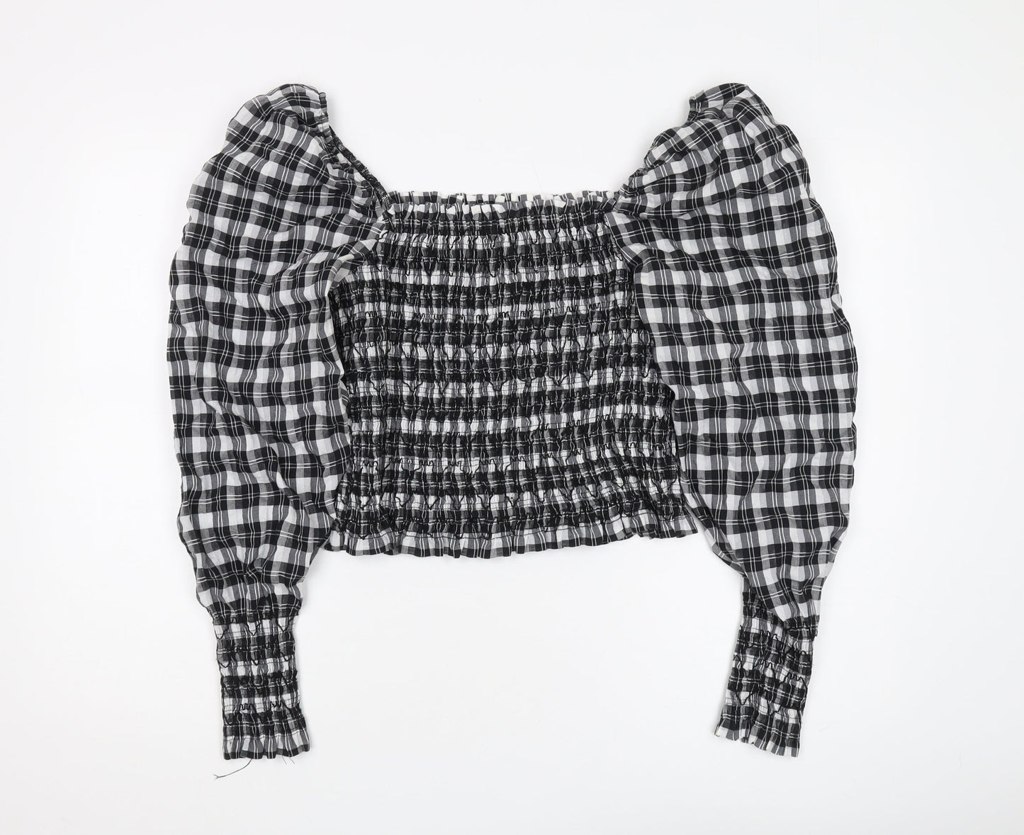 H&M Women's Black Plaid Cropped Blouse, Size M, Puff Sleeve