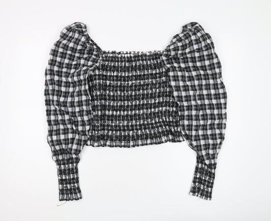 H&M Women's Black Plaid Cropped Blouse, Size M, Puff Sleeve