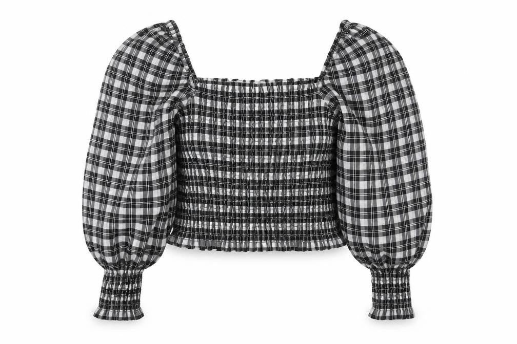 H&M Women's Black Plaid Cropped Blouse, Size M, Puff Sleeve