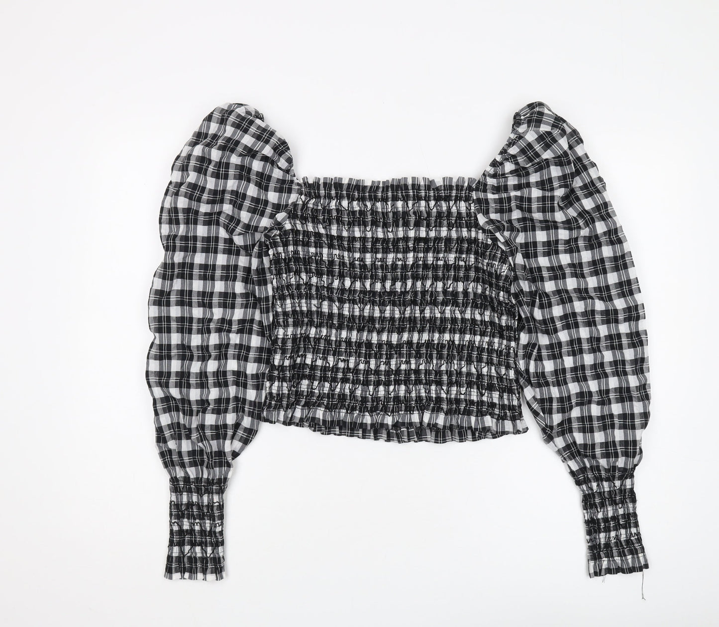 H&M Women's Black Plaid Cropped Blouse, Size M, Puff Sleeve
