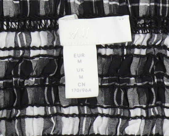 H&M Women's Black Plaid Cropped Blouse, Size M, Puff Sleeve