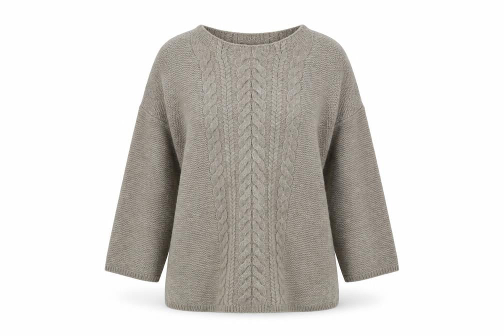 Amaryllis Women's Beige M Cable-Knit Wool Blend Jumper
