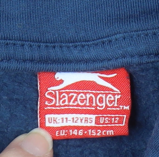 Brand and care label for Slazenger boys’ blue hooded pullover sweatshirt 11-12 years