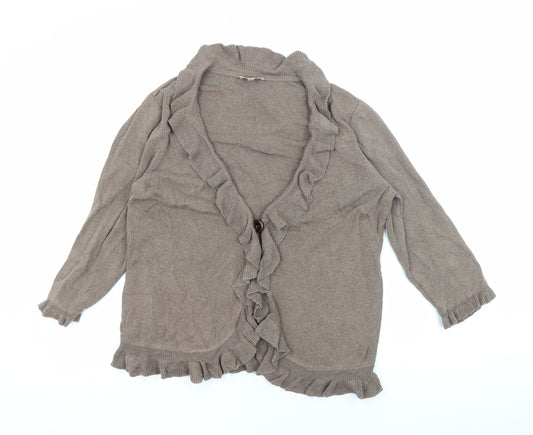 CC Women's Brown Ruffle Cardigan, Size L, Casual Autumn Knit