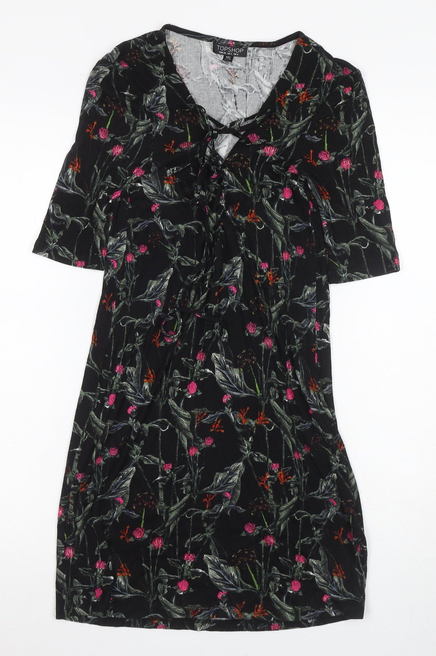 Topshop Women's Floral Black Dress - Size 6, Half Sleeves