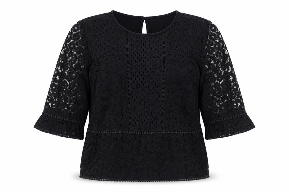 Oasis Women's Black Lace Top, L, 3/4 Sleeve