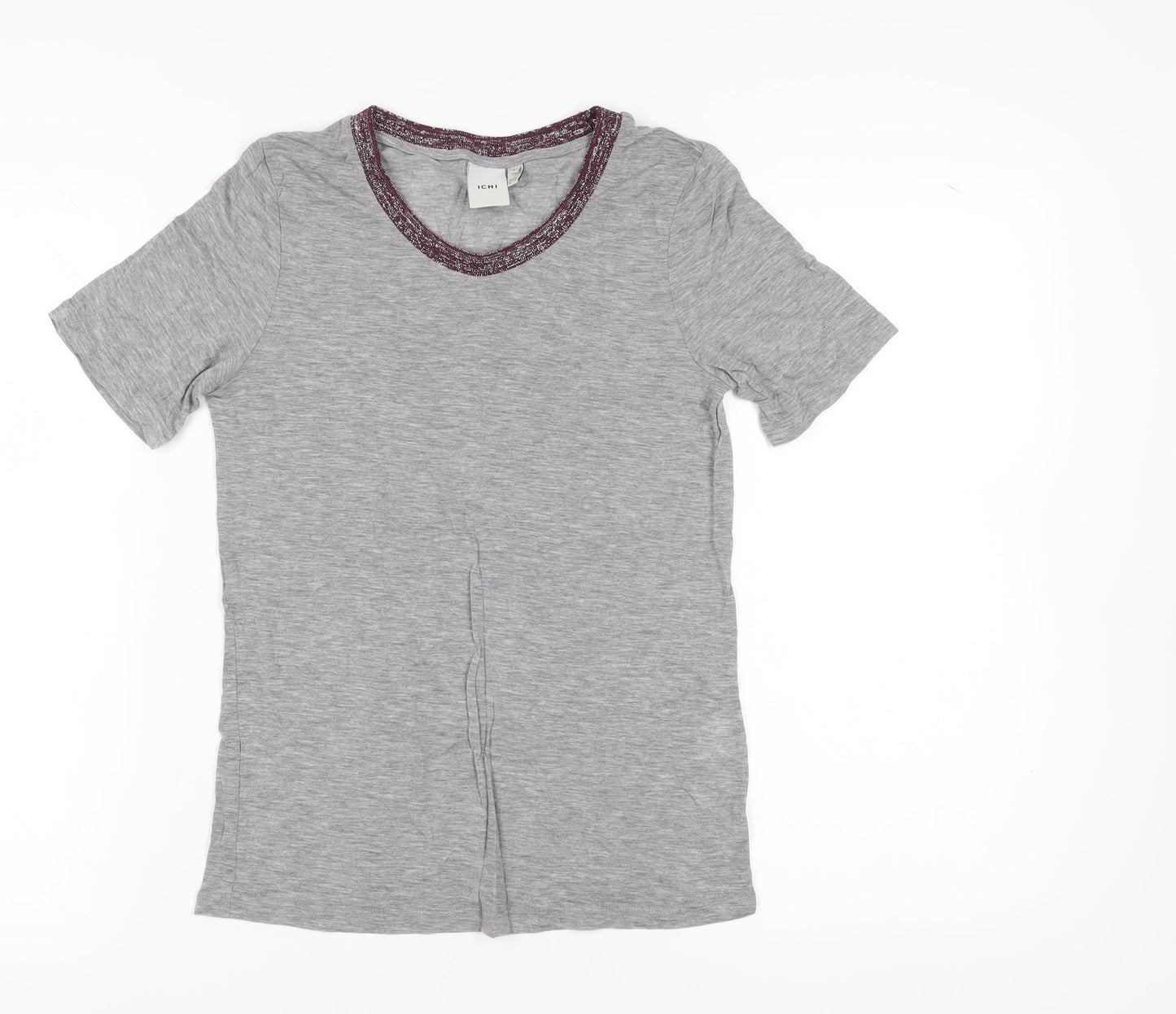 ICHI Women's Grey Basic T-Shirt, Size S, Crew Neck