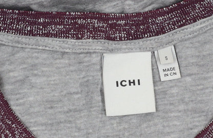 Brand and care label for ICHI Women's Grey Basic T-Shirt, size S, Crew Neck