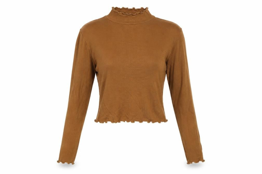 Pull & Bear Women's Brown Mock Neck Slim Blouse