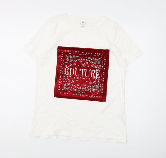 River Island Women's White T-Shirt Sz S Couture Design