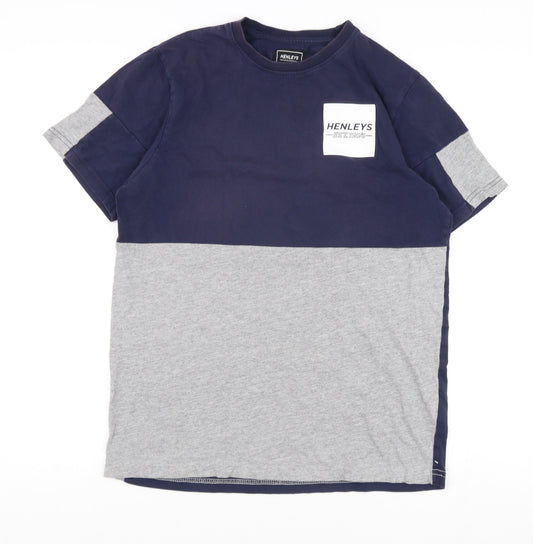 Henleys Men's Blue Grey Colourblock T-Shirt Size M