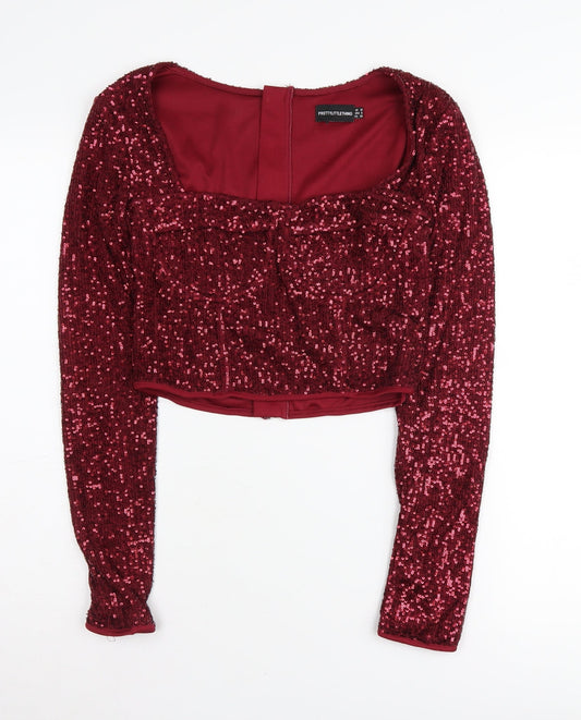 PrettyLittleThing Women's Red Sequin Cropped Blouse