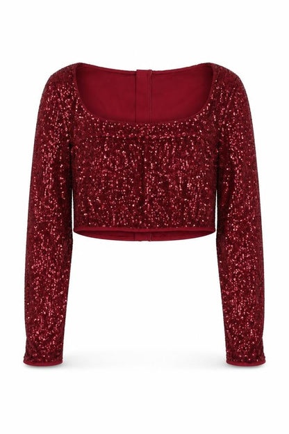 PRETTYLITTLETHING Women's Red Sequin Cropped Blouse