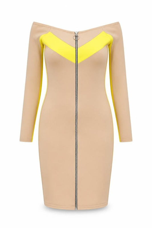 Front view of Boohoo Petite Beige Bodycon Dress, size 8