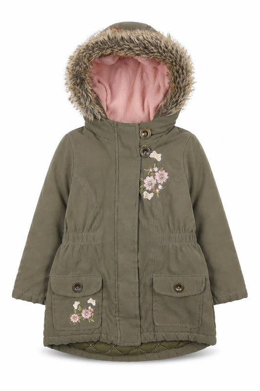 Front view of e-vie angel girls’ green parka coat 2 years hooded