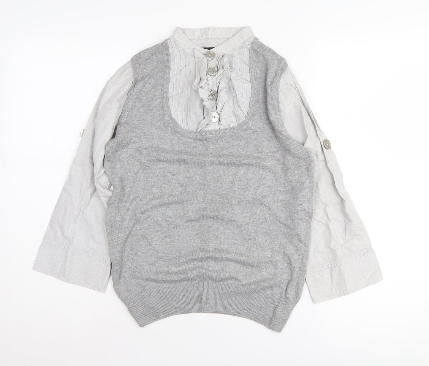 Next Women Grey Knit Top, Size 12, Collared Button Accent