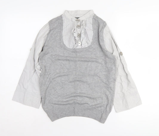 Next Women Grey Knit Top, Size 12, Collared Button Accent