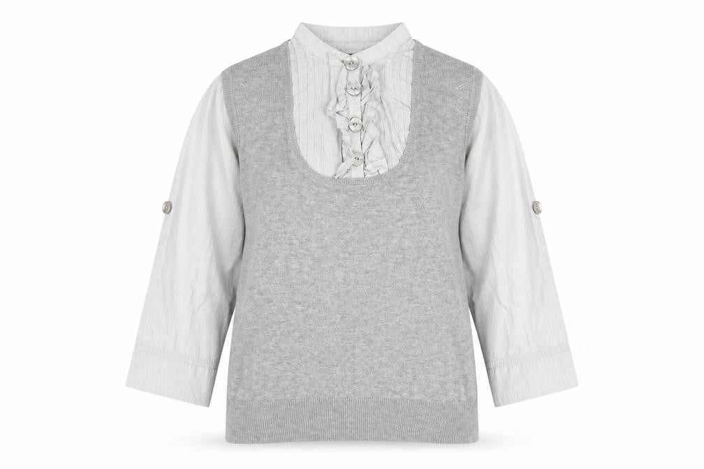 Next Women Grey Knit Top, Size 12, Collared Button Accent