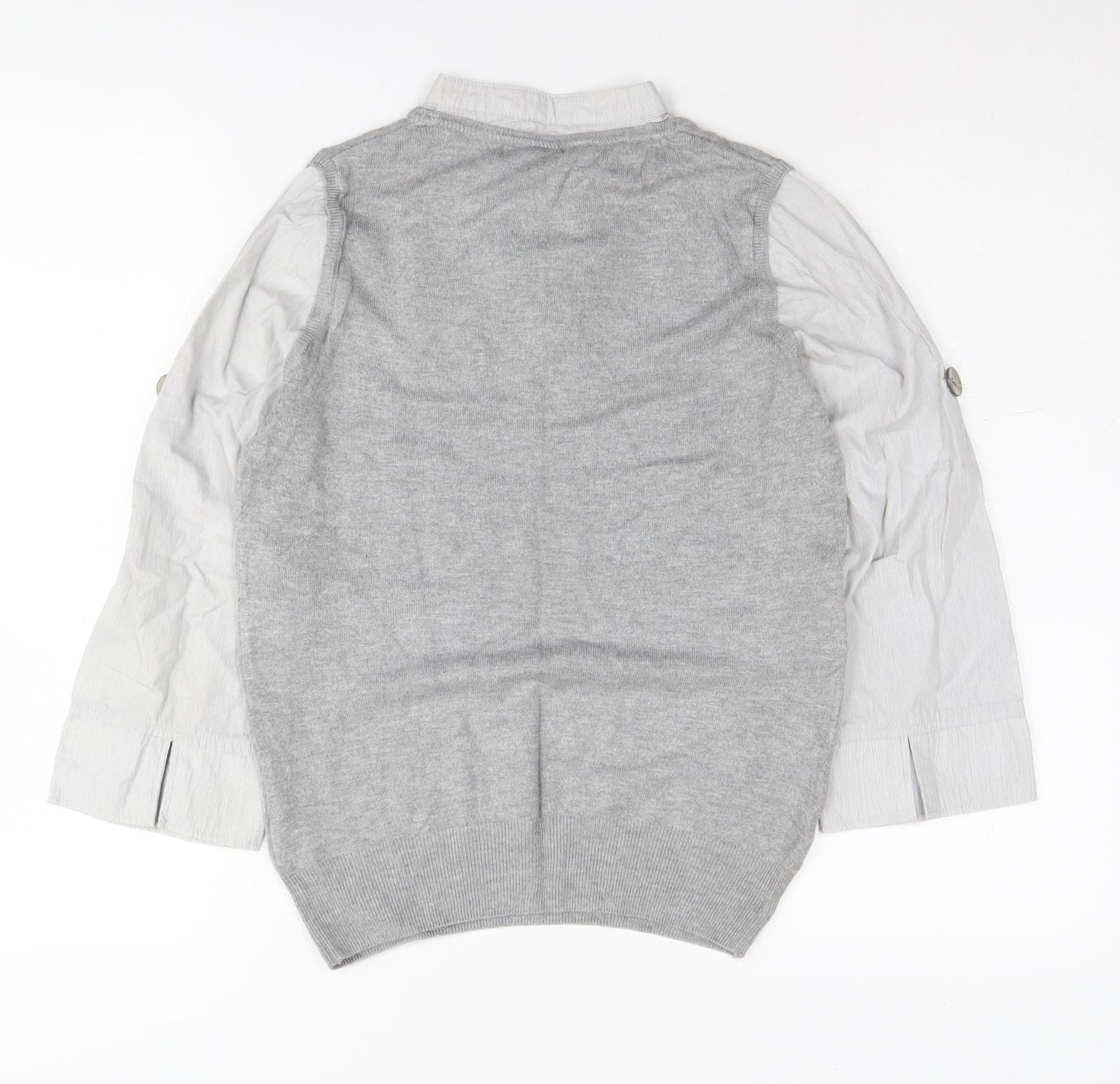 Next Women Grey Knit Top, Size 12, Collared Button Accent