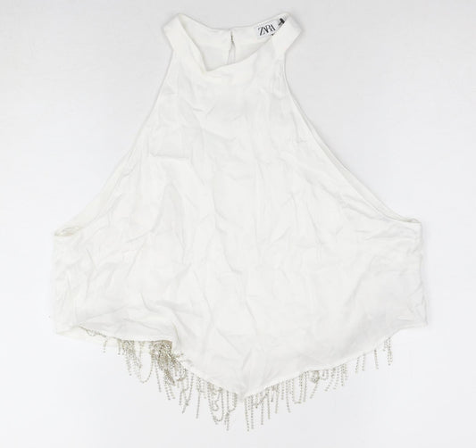 Zara Women's White Halter Beaded Wrap Top - M