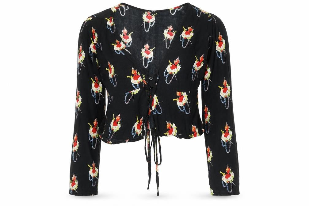 Model Women's Black Floral Cropped Blouse, Size S
