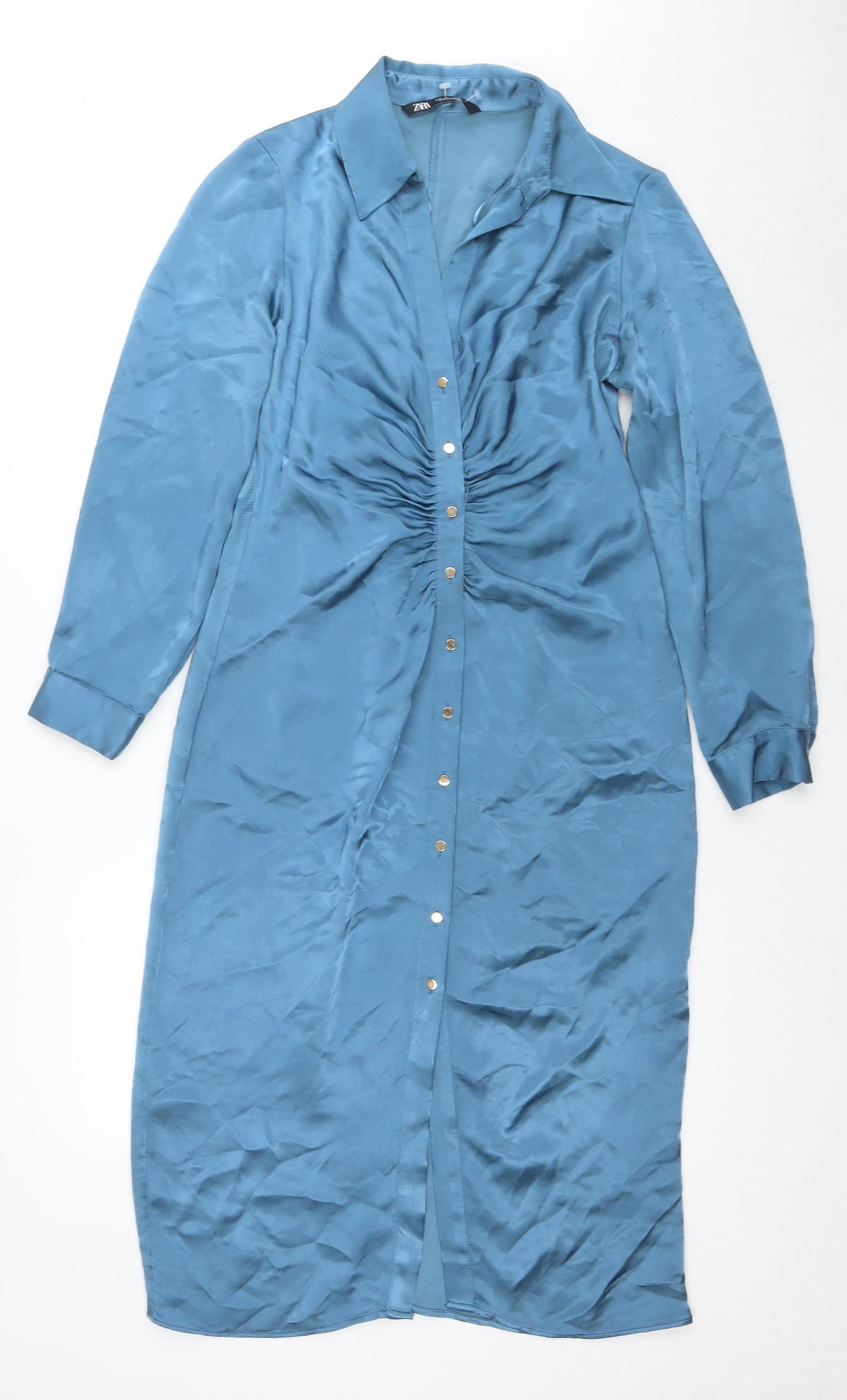 Zara Women's Blue Shirt Dress Size 2 - Lightweight Woven Midi