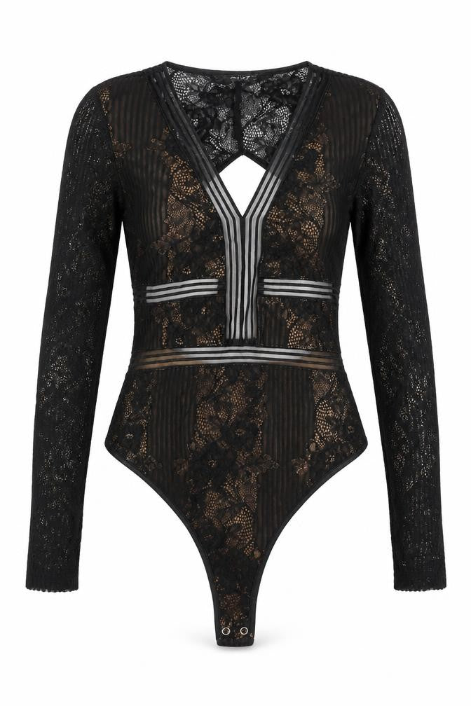 Quiz Women's Black Lace Bodysuit Size 12 Stretch, Open Back