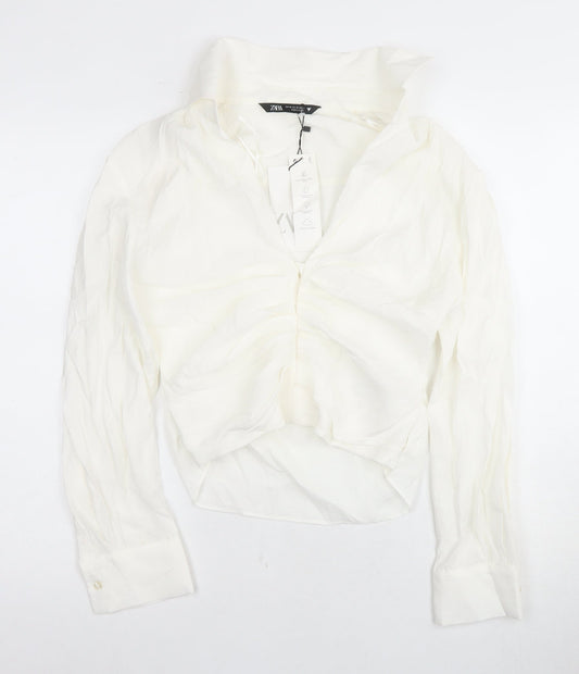 Zara Women's White Blouse, Size M, Collared, Casual