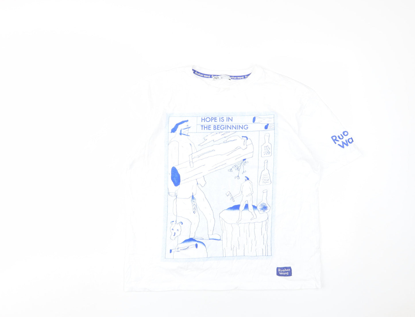Zara Women White Graphic T-Shirt Medium Art Casual