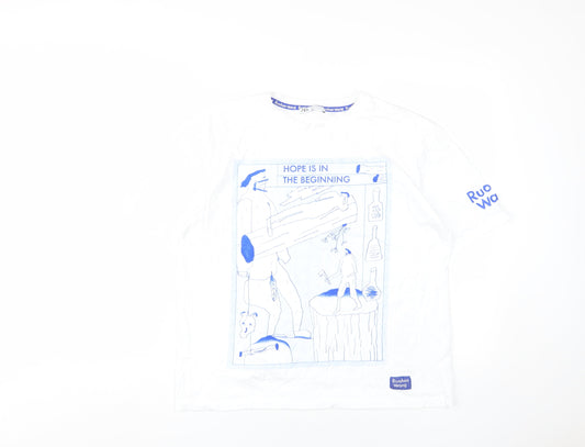 Zara Women White Graphic T-Shirt Medium Art Casual