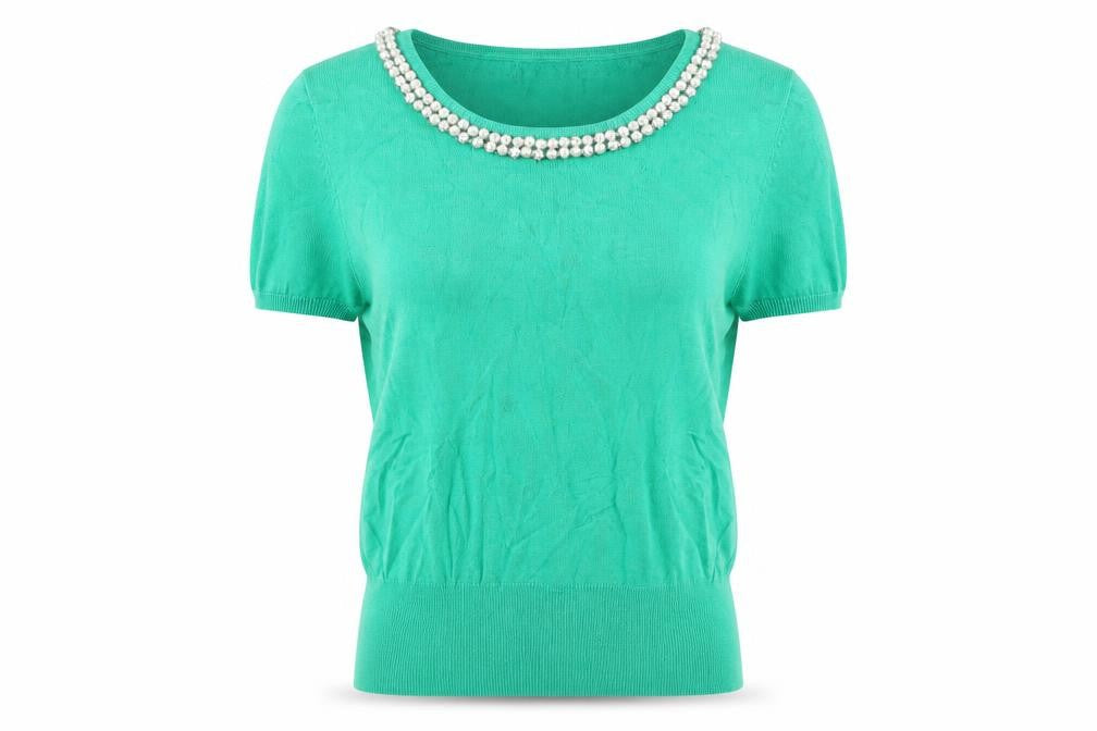 M&Co Women's Green Beaded Short Sleeve Top Size 14