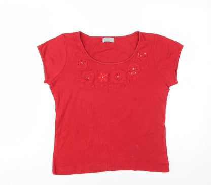 Marks & Spencer Women's Red Embroidered T-Shirt Size 14