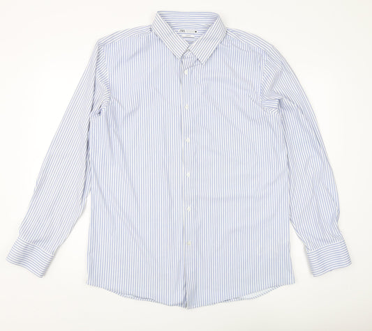 Zara Men's XL Blue Striped Slim Fit Button-Up Shirt