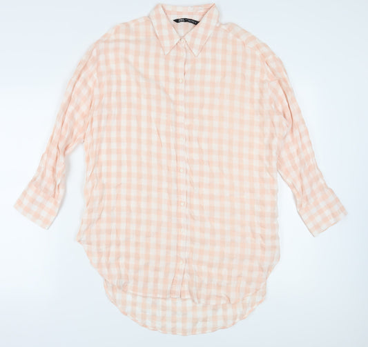 Zara Women's Pink Button-Up Shirt, Size 4, Check Pattern