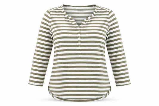 Encuentro Women's Green Striped T-Shirt, S, Casual